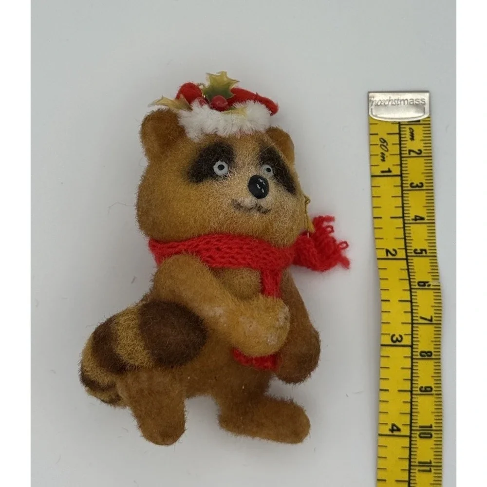 Vintage Flocked Raccoon Critter Sitters by Morgan Inc. Christmas Ornament 1970's